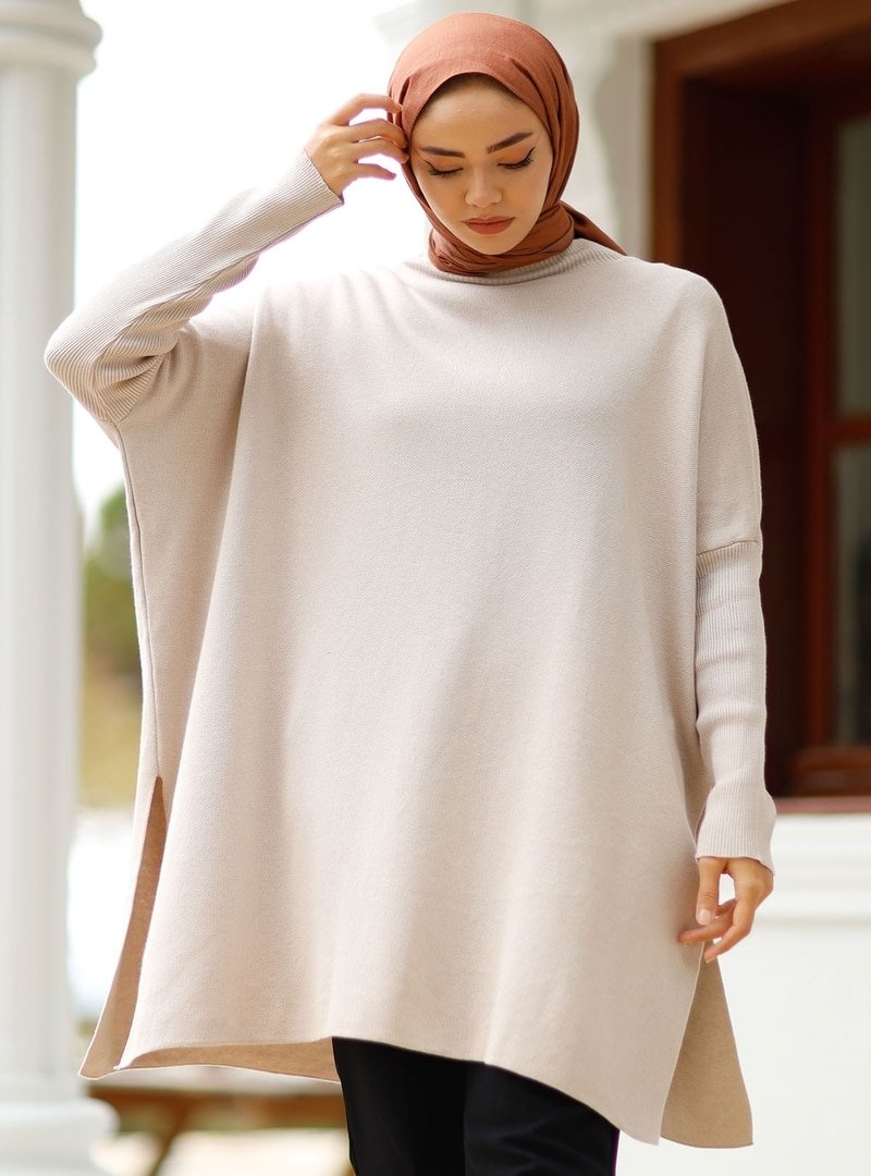 In Style Bej Düz Kelebek Kol Model Triko Tunik