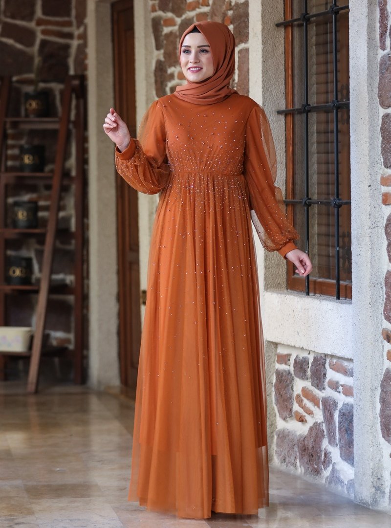 Amine Hüma Kiremit Işıltı Abiye Elbise