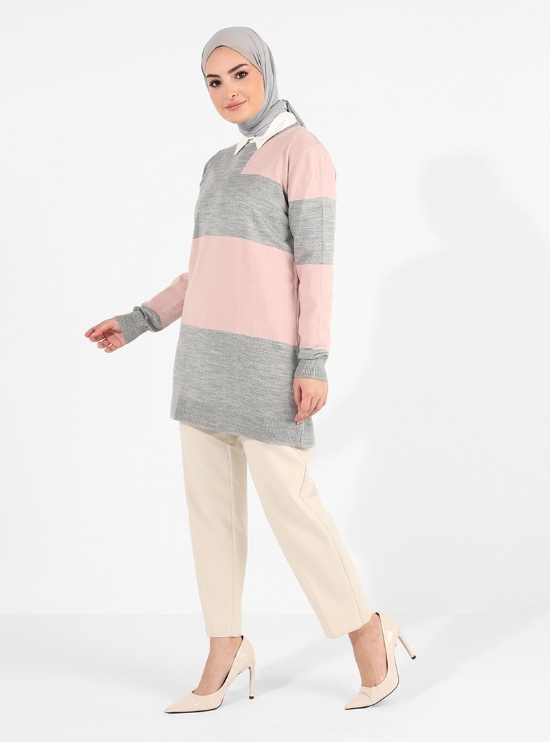 Tavin Pudra Gri Omuzda Renk Detaylı Color Blok Bisiklet Yaka Triko Tunik