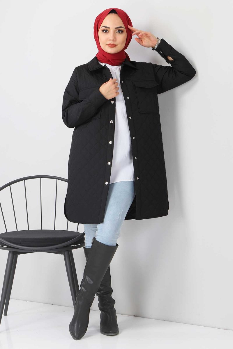 Tesettür Dünyası Siyah Cepli Kapitone Ceket