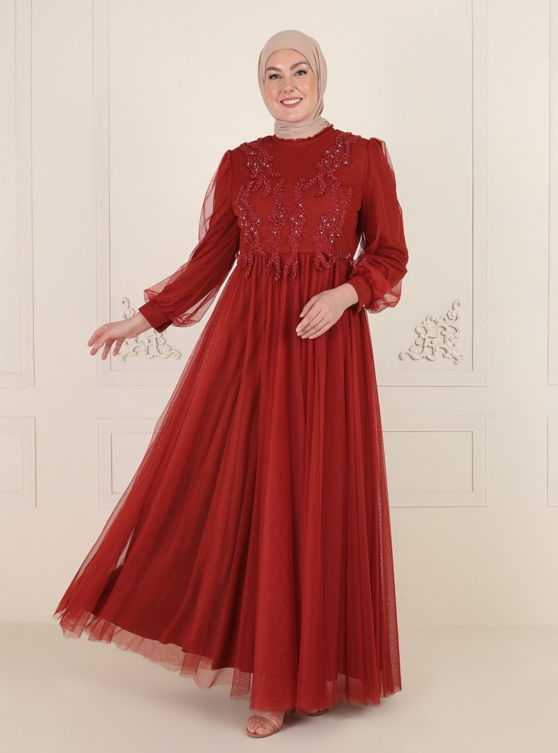 MODAYSA Kiremit İşlemeli Abiye Elbise