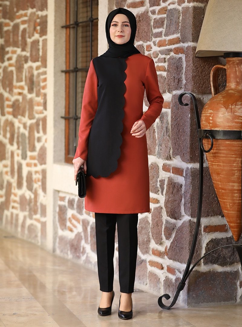 Elben Moda Kiremit Meyra Tunik & Pantolon İkili Abiye Takım