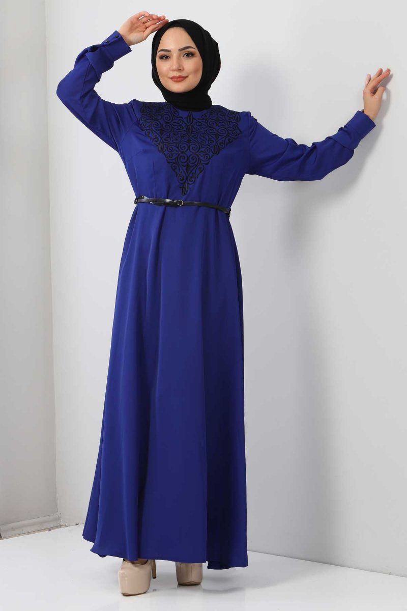 Tesettür Dünyası Saks Mavisi Nakışlı Elbise