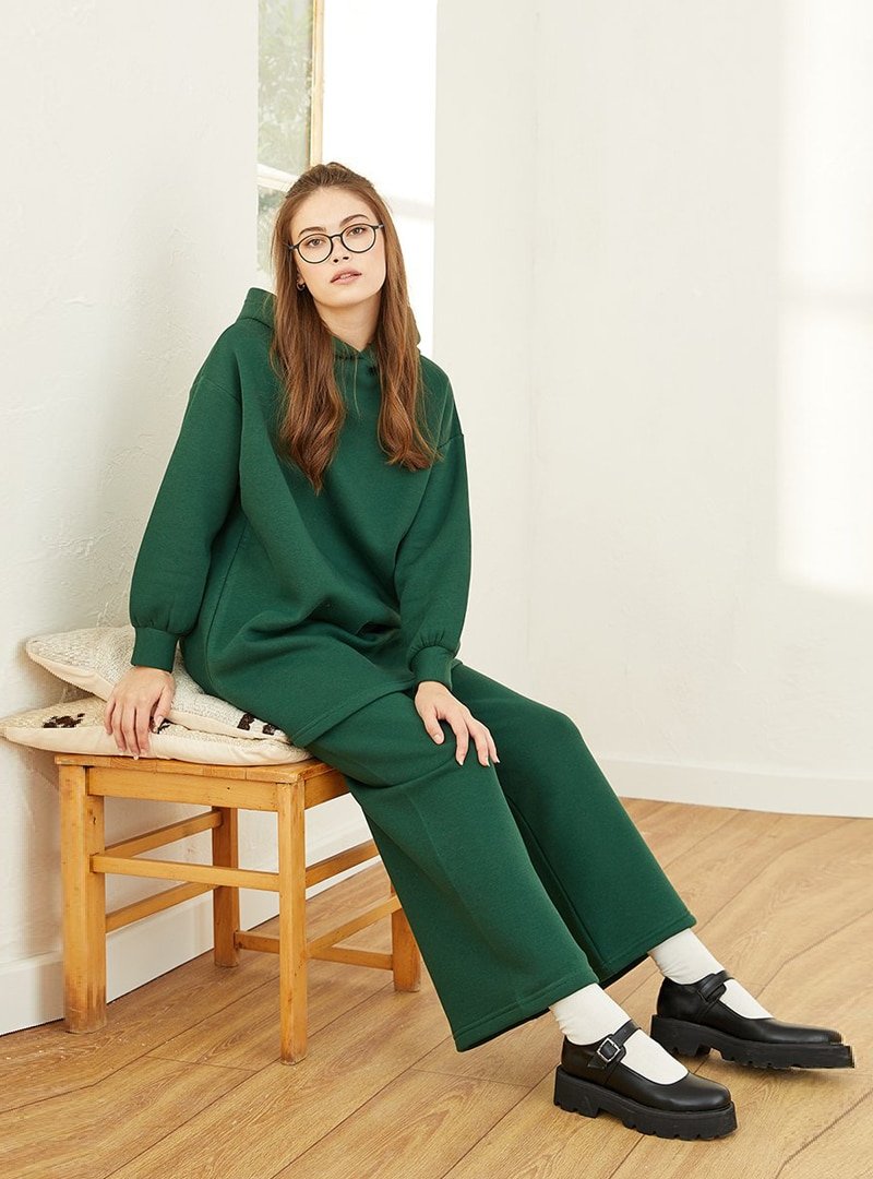 Ceylan Otantik Yeşil Üç İplik Kapüşonlu Sweatshirt & Pantolon İkili Takım