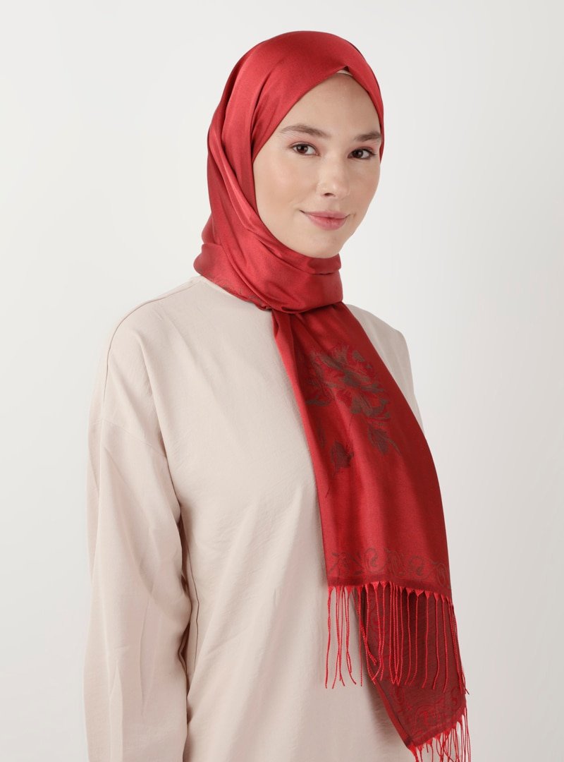 Soft Scarfs Kırmızı Çiçek Jakarlı Şal