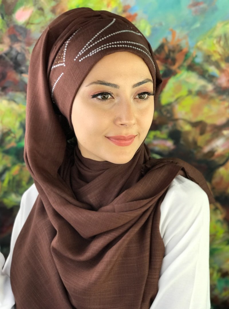 BUTİK AMBAR Koyu Kahverengi Pul Baskılı Hazır Şal