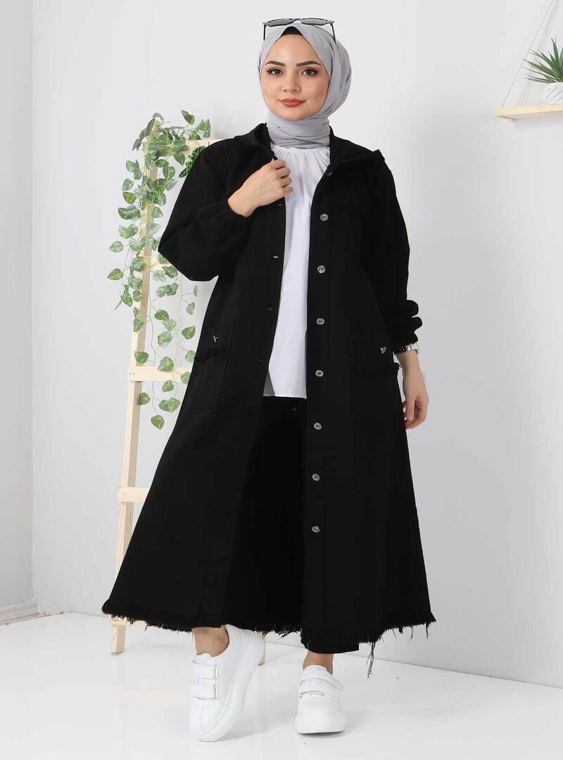 Tesettür Dünyası Siyah Püsküllü Uzun Kot Kap