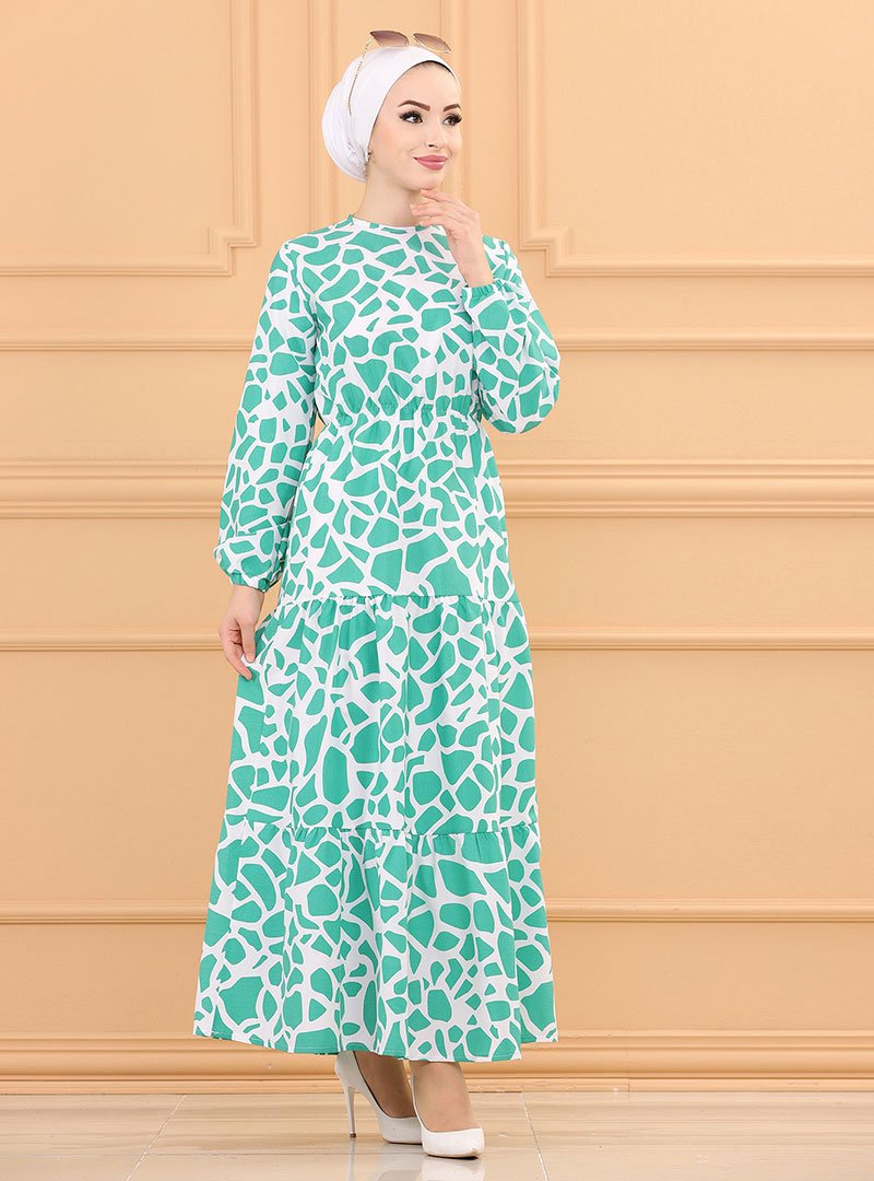 Tofisa Yeşil Desenli Elbise