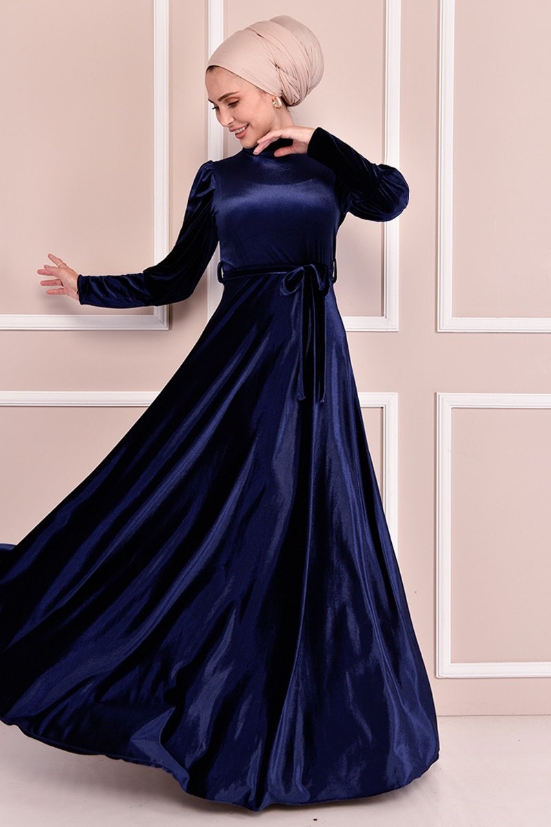 Moda Merve Lacivert Kuşaklı Kadife Elbise
