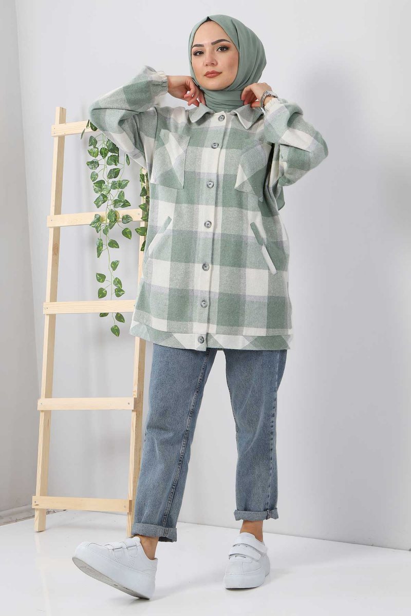 Tesettür Dünyası Mint Fleto Cepli Ekose Gömlek