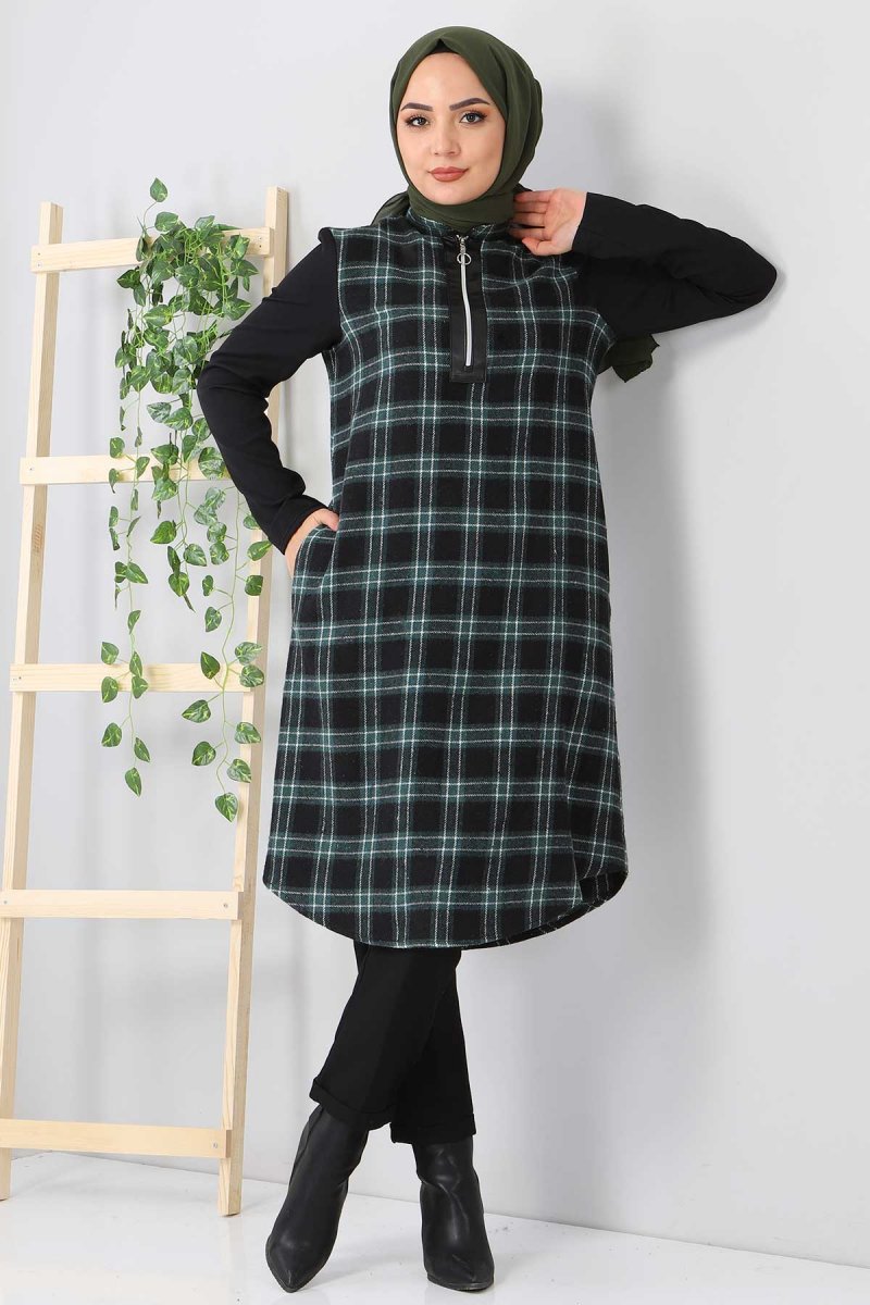 Tesettür Dünyası Yeşil Fermuar Detaylı Ekose Tunik