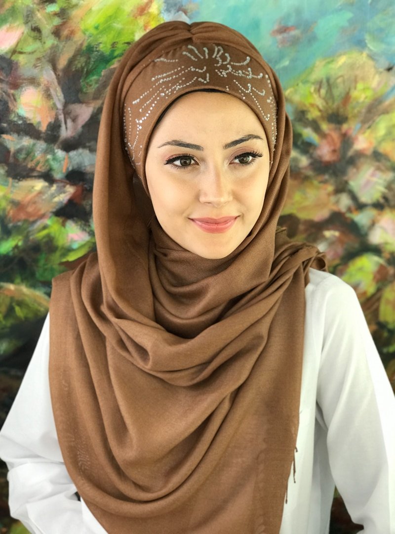 BUTİK AMBAR Kahverengi Pul Baskılı Hazır Şal