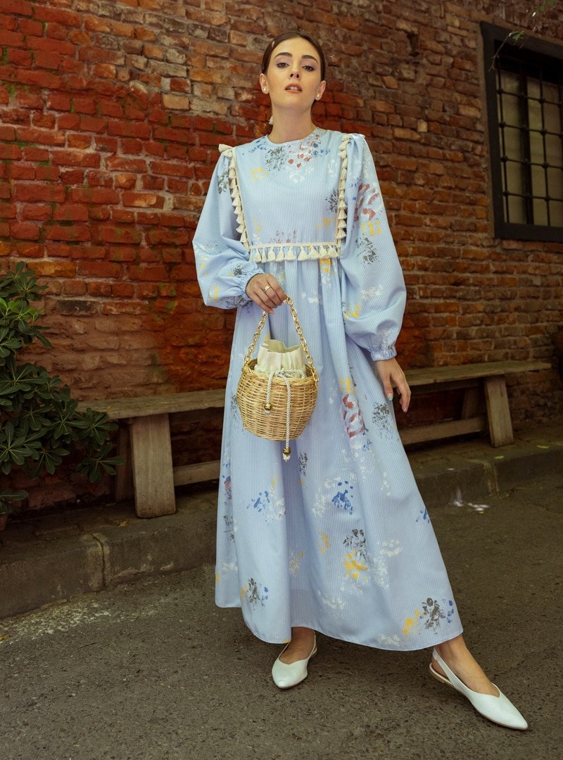 Al Tatari Mavi Püskül Detaylı Desenli Elbise