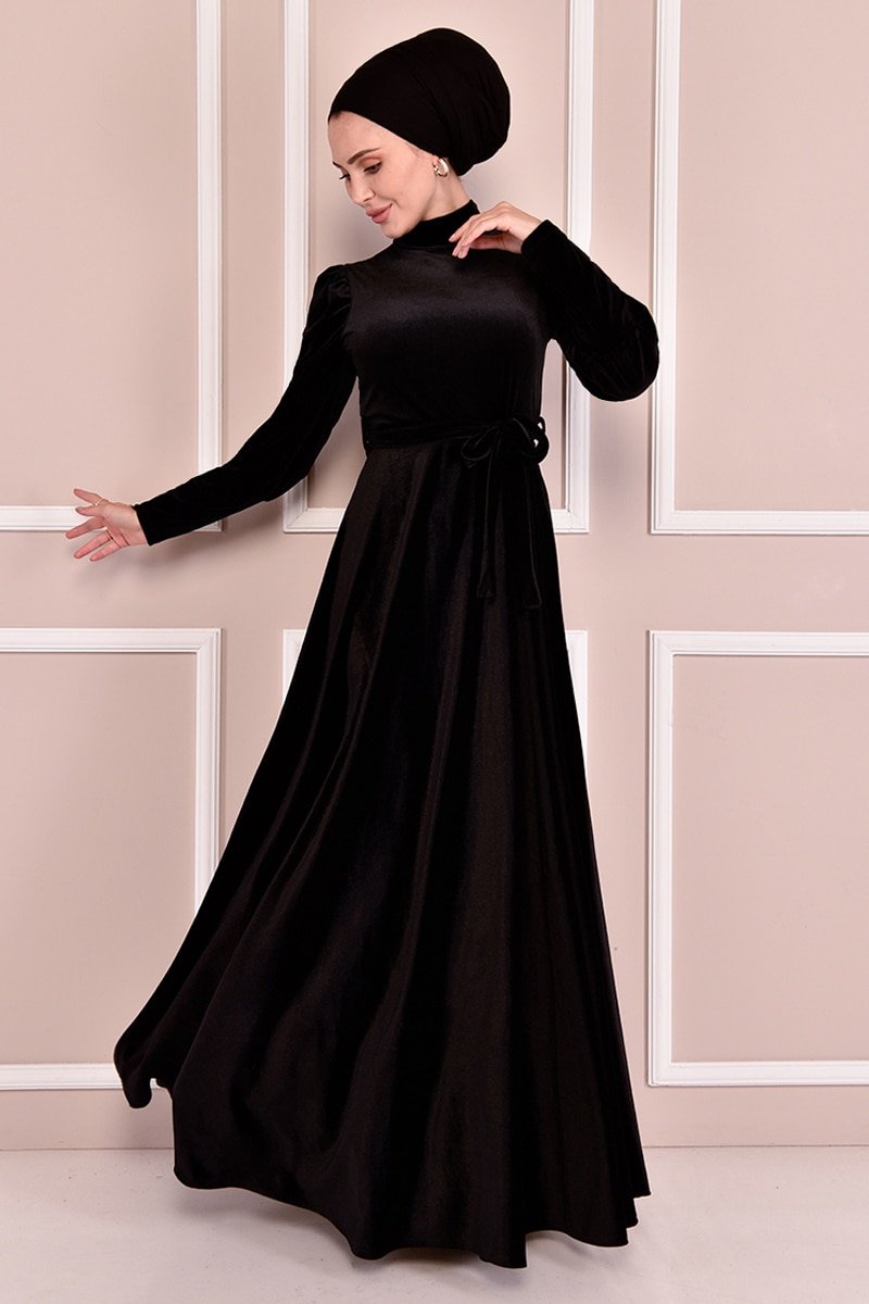 Moda Merve Siyah Kuşaklı Kadife Elbise