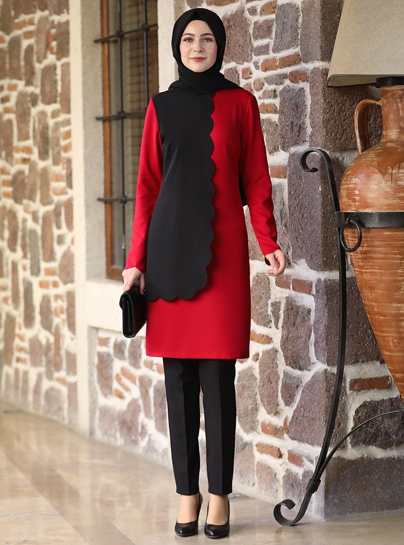 Elben Moda Kırmızı Meyra Tunik & Pantolon İkili Abiye Takım