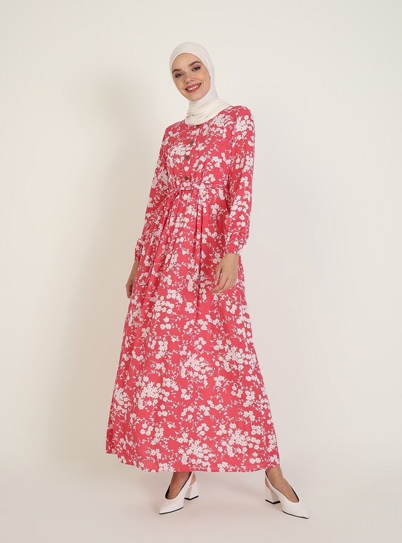 ECESUN Kırmızı Çiçek Desenli Elbise