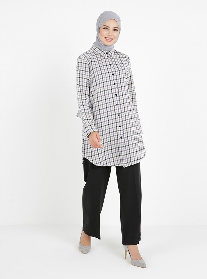 Tavin Mor Ekose Desenli Düğmeli Tunik