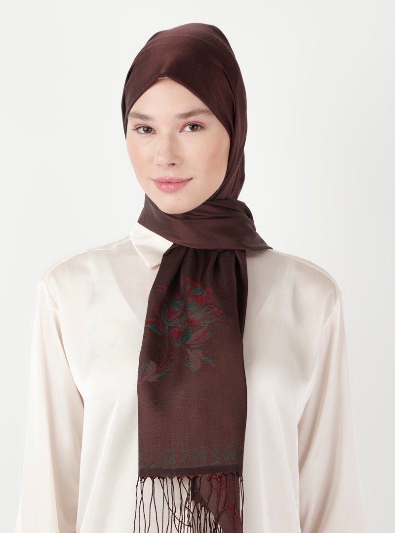 Soft Scarfs Koyu Bordo Çiçek Jakarlı Şal