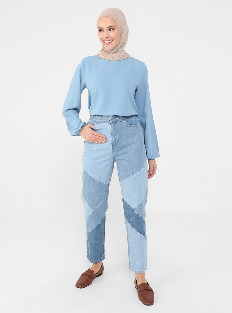 Refka Mavi Doğal Kumaşlı Parçalı Kot Pantolon