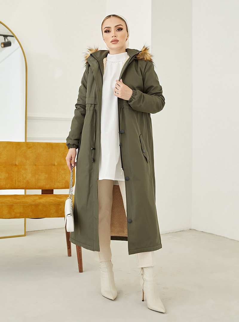 MODAEFA Haki Kapüşonlu İçi Kürklü Kaban