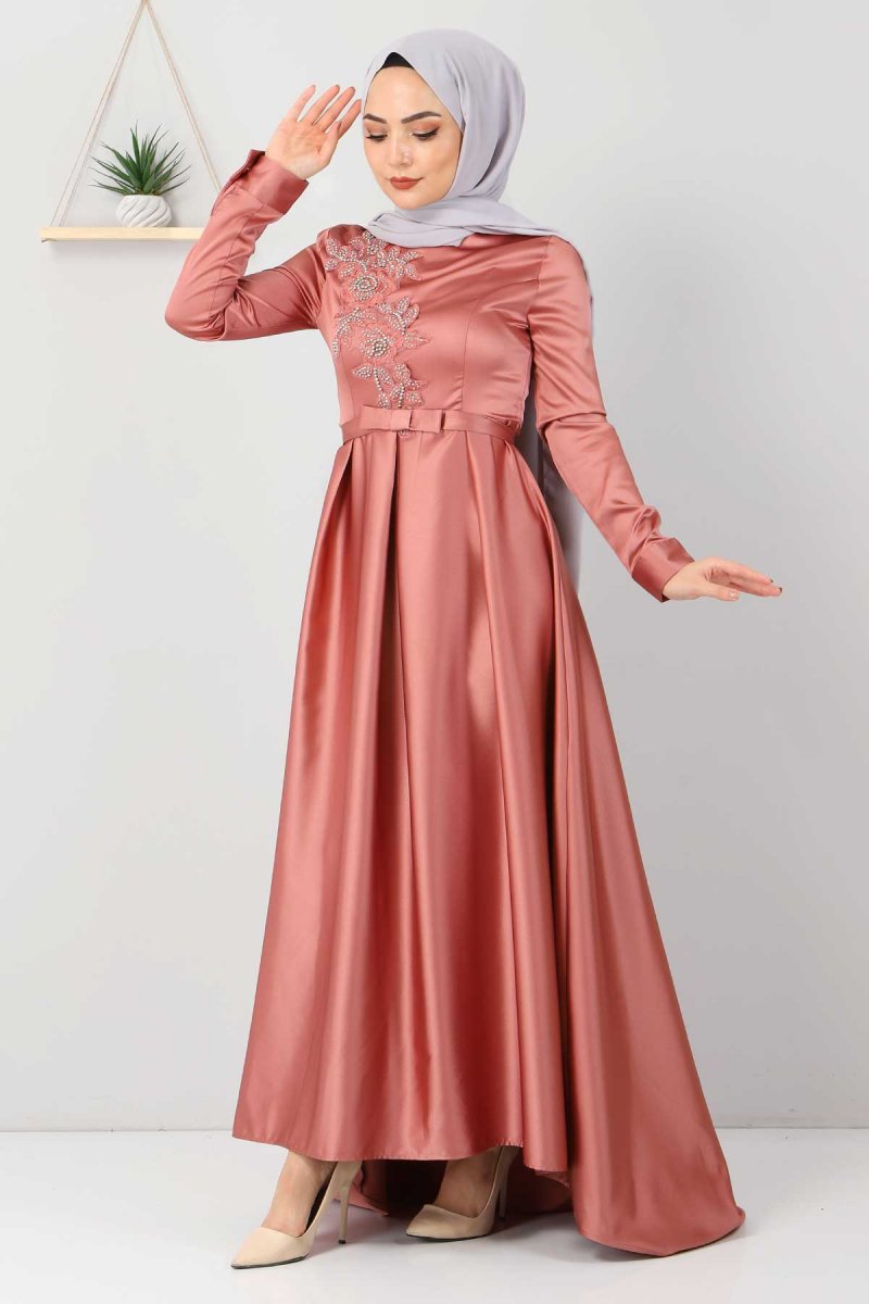 Tesettür Dünyası Somon Taş Detaylı Saten Abiye Elbise
