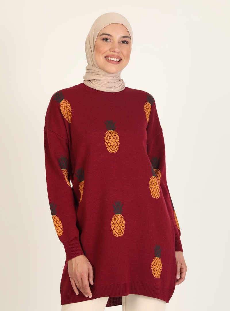İLMEK TRİKO Bordo Desenli Triko Tunik