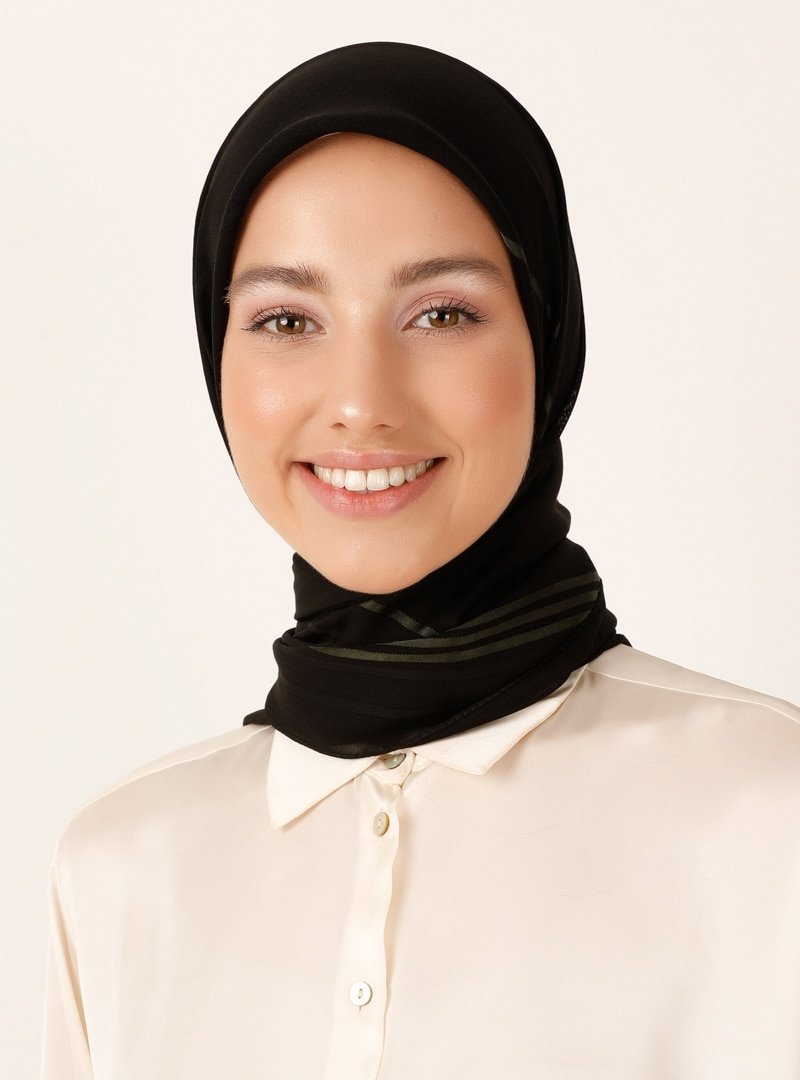 Miray Siyah Haki 120 Cm Floş Şifon Ekose Eşarp