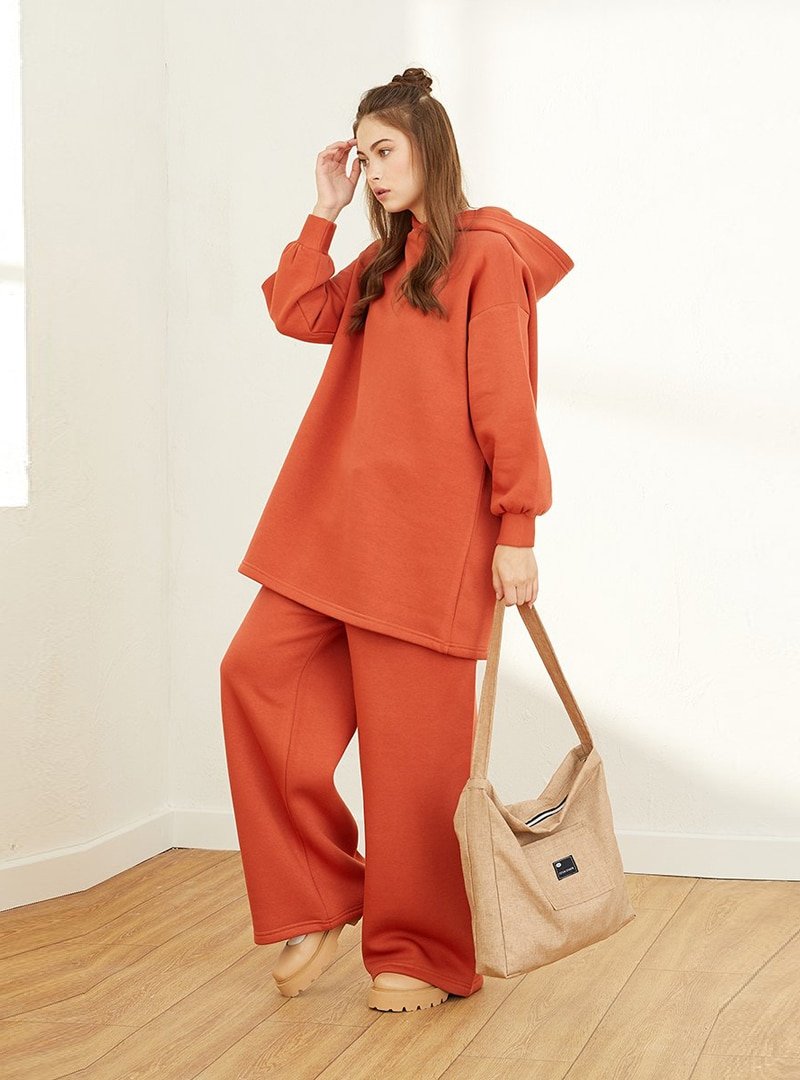 Ceylan Otantik Kiremit Üç İplik Kapüşonlu Sweatshirt & Pantolon İkili Takım