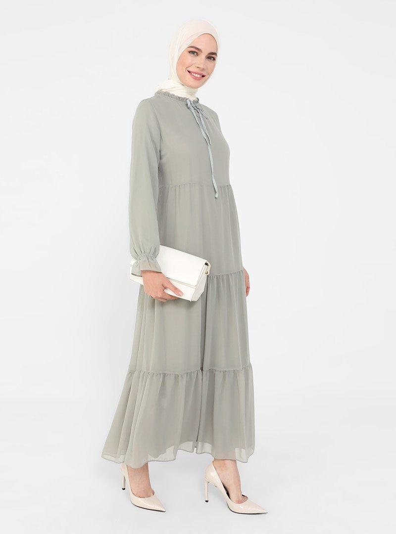 Refka Çağla Yakası Bağlamalı Rahat Kesim Şifon Elbise