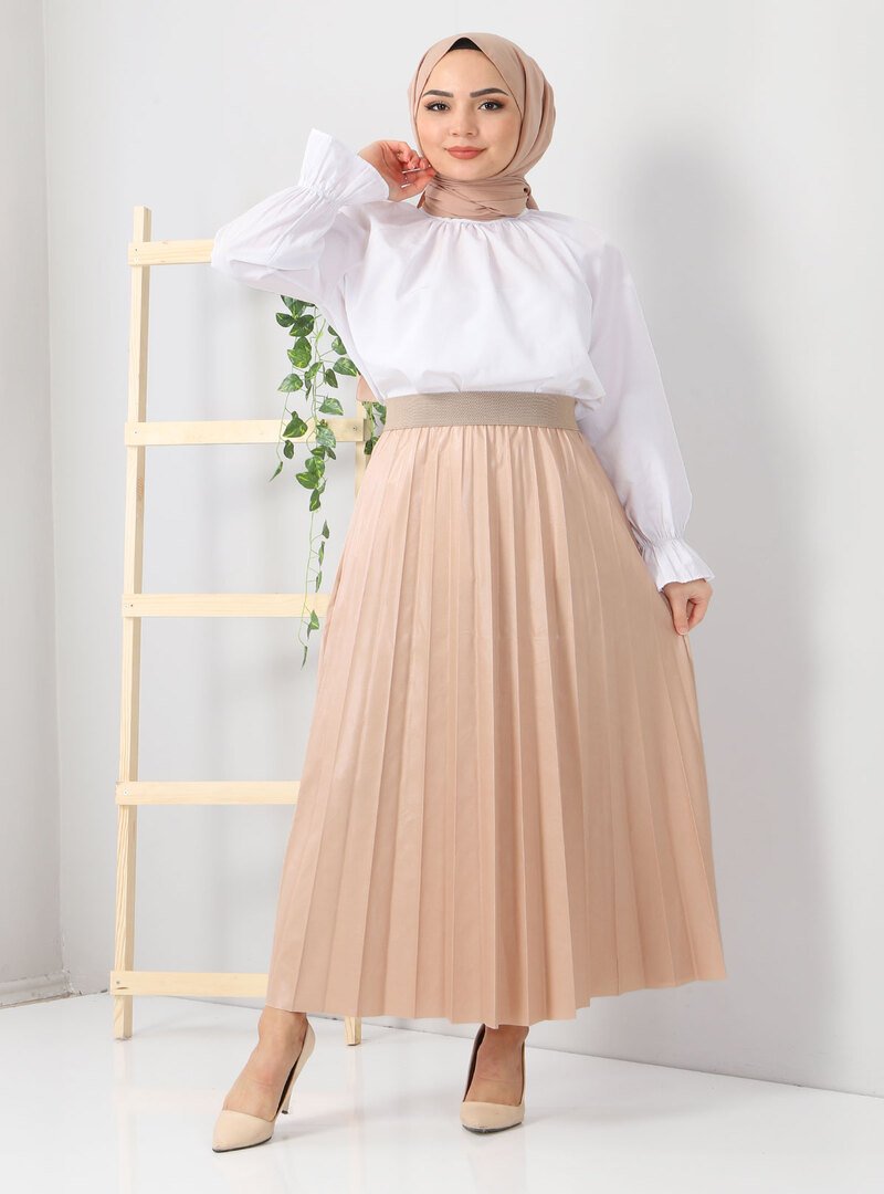 Tesettür Dünyası Bej Deri Görünümlü Etek