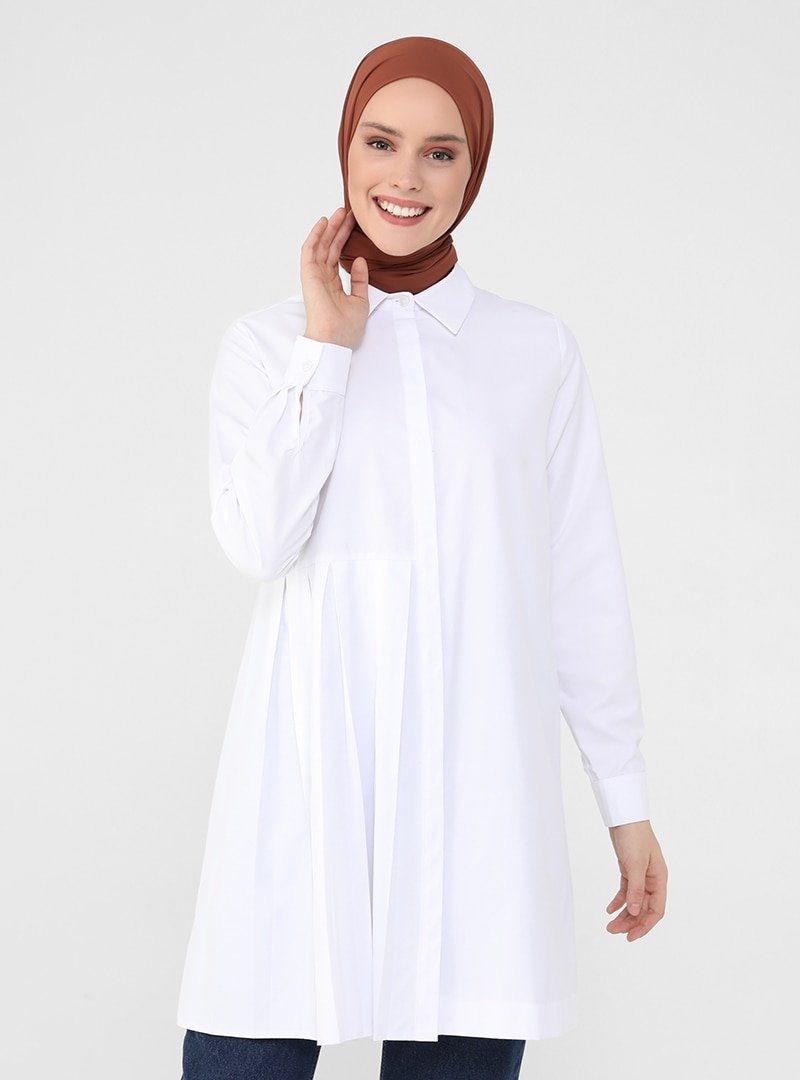 Refka Off White Pile Detaylı Poplin Tunik