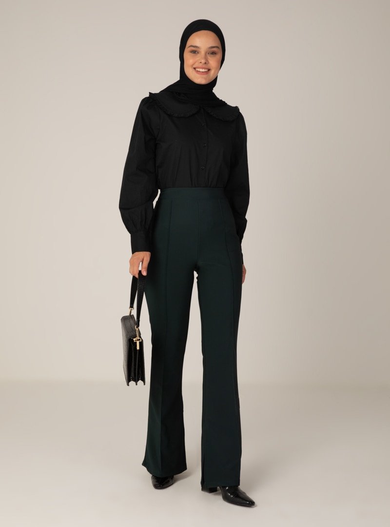 Mayın Jeans Nefti Manche Flared Paça Yırtmaç Detaylı Pantolon