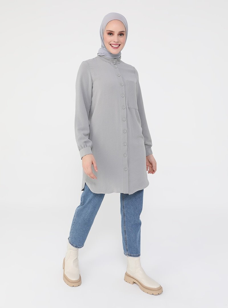 Refka Gri Boydan Düğmeli Cep Detaylı Tunik