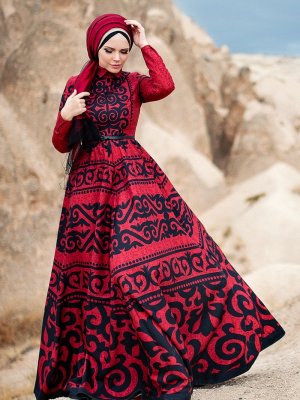 Muslima Wear Kırmızı Anar Abiye Elbise