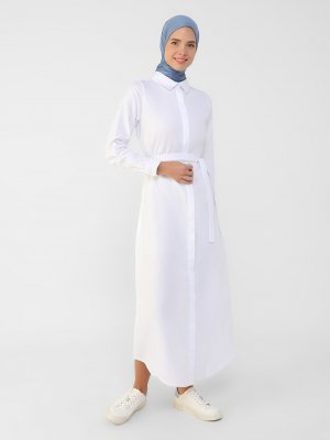 Refka Beyaz Oxford Kumaştan Gizli Düğmeli Uzun Gömlek Elbise