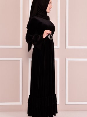 Moda Merve Siyah Kemerli Kadife Elbise