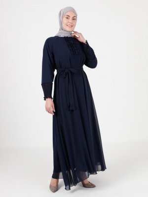 Emsale Lacivert Güpür Detaylı Elbise