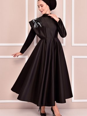 Moda Merve Siyah Saten Abiye Elbise