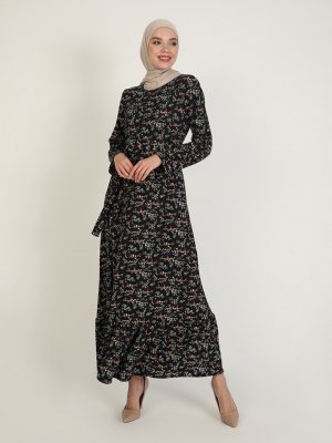 ECESUN Siyah Mor Desenli Elbise