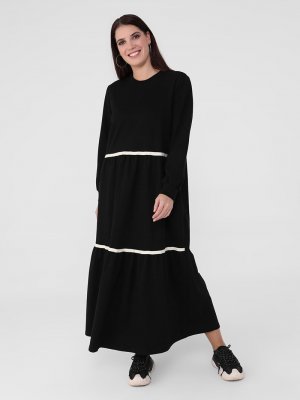 Alia Siyah Büyük Beden Şerit Detaylı Pamuklu Elbise