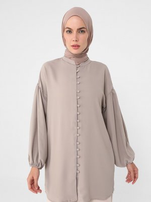 Refka Vintage Haki İpek Tuşeli Balon Kollu Tunik