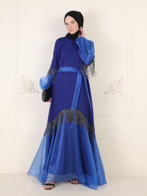 Ziwoman Saks Mavisi Püskül Detaylı Abiye Elbise