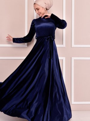 Moda Merve Lacivert Kuşaklı Kadife Elbise