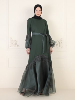 Ziwoman Yeşil Püskül Detaylı Abiye Elbise