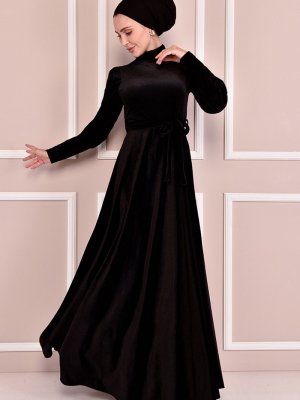 Moda Merve Siyah Kuşaklı Kadife Elbise