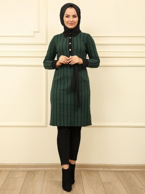 Moda Dua Zümrüt Yeşili Önü Düğmeli Çizgili Tunik