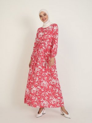 ECESUN Kırmızı Çiçek Desenli Elbise