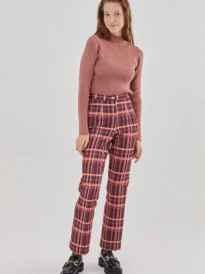 Hooopstore Mürdüm Ekoseli Pantolon