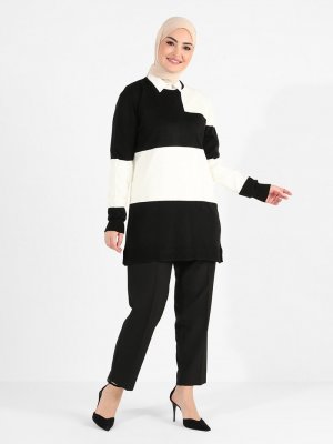 Tavin Siyah Omuzda Renk Detaylı Color Blok Bisiklet Yaka Triko Tunik