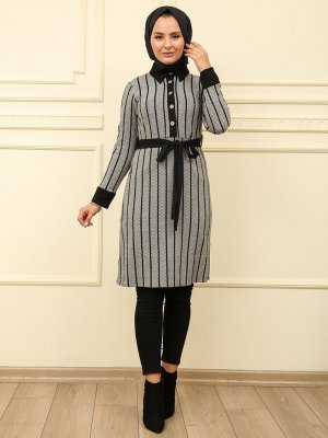 Moda Dua Gri Önü Düğmeli Çizgili Tunik